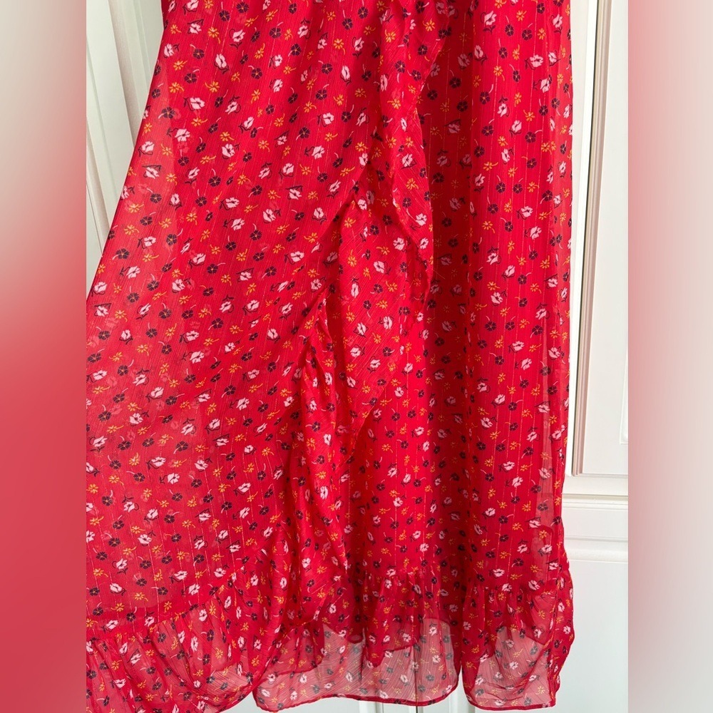 Madewell Red Floral Sleeveless VNeck Ruffle Lined Summer Dress Size 16 - Picture 3 of 10